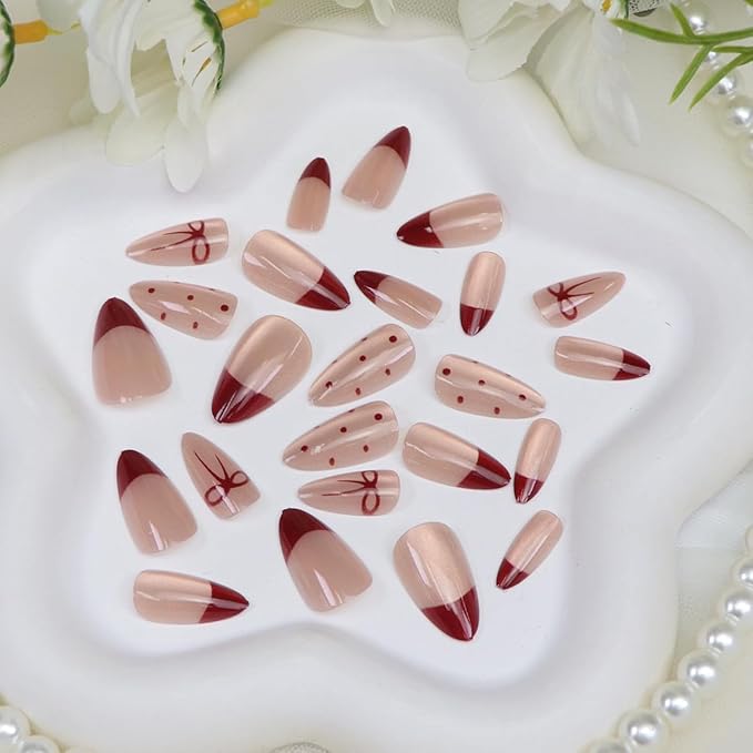 Short Press on Nails Almond Fake Nails with French Bow Dot Designs Cat Eye Nails Press ons Nude Pink False Nails Artificial Christmas Acrylic Nail for Women Girls 24 Pcs