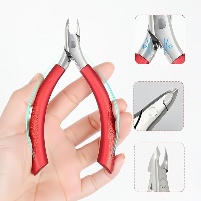 Professional Cuticle Nippers with Anti-Slip Textured Grip - Sharp Stainless Steel Cuticle Trimmer & Remover for Fingernails & Toenails - Ergonomic Dead Skin Scissors & Manicure Tool (Red)