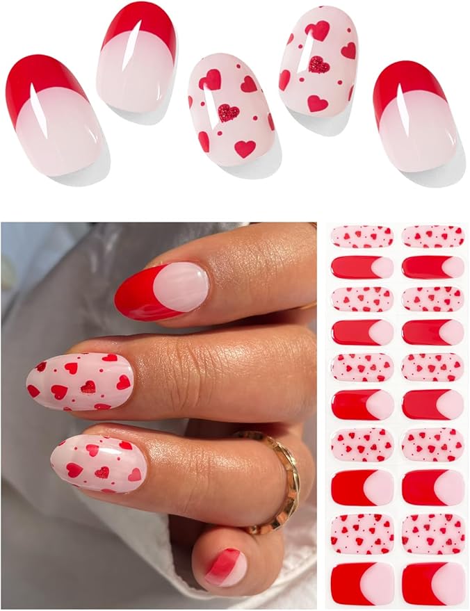 Semi Cured Gel Nail Strips (Red Heart N), Valentine's Day French, 20 Pcs Gel Nail Wraps, Stickers, Works with Any UV Lamps