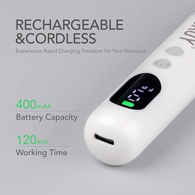 GAOY Cordless Nail Drill, Rechargeable Electric Nail File with LED Display, Lightweight Low Noise Manicure & Pedicure Tool for Gel Removal, Acrylic Nails & DIY Home Use, White