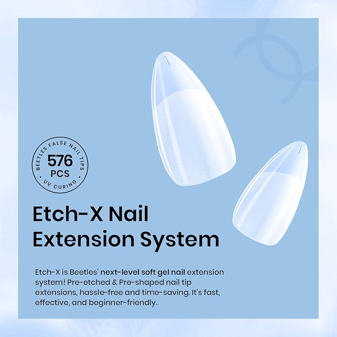 Beetles Gel Nail Tips Almond Short, 576Pcs 12 Sizes Etch-X Half Matte Full Cover Soft Acrylic False Nail Tips Easy DIY Fake Press On Nail Extension Set Salon Gift for Women