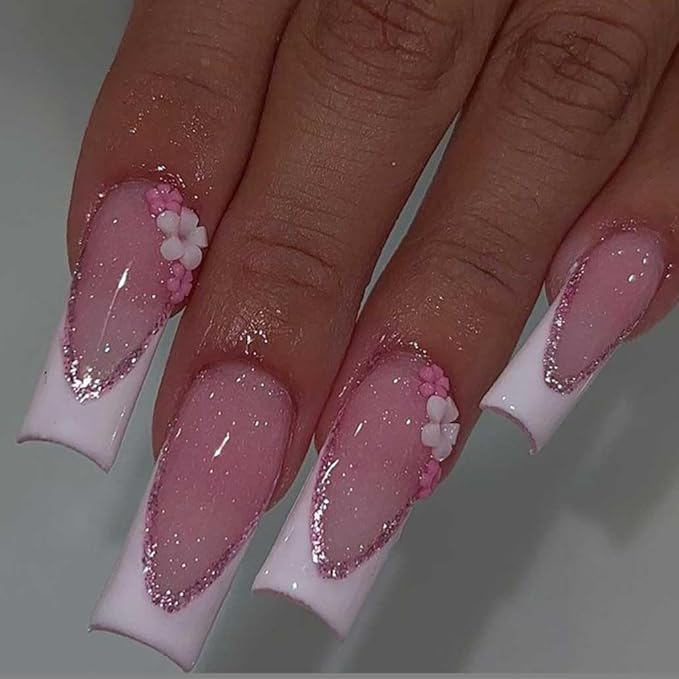 Press on Nails Long Rhinestone Pink Fake Nails Square Bling Glossy 3D Flower Artificial Nails Finger Manicure for Women and Girls-24pcs (Long Nails 5)
