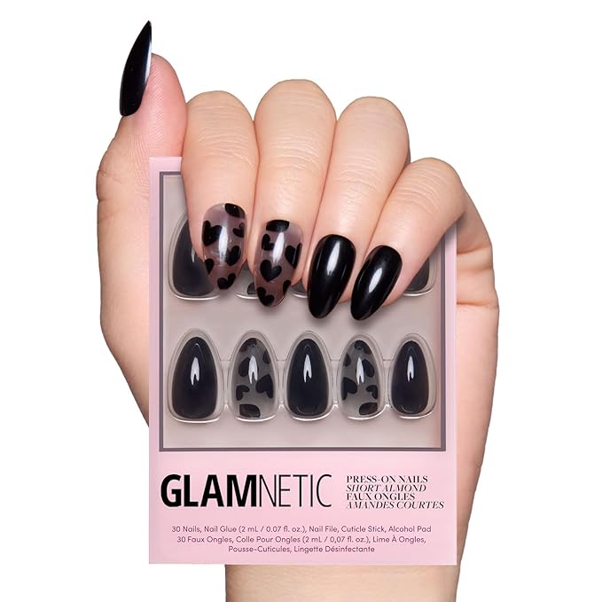Valentines Day Glamnetic Press On Nails - Love Me Not | Opaque, Semi-transparent, Glossy Black Heart Nails, Salon Quality | 15 Sizes - 30 Nail Kit with Glue