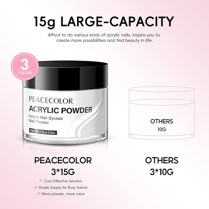 Peacecolor Acrylic Nail Kit ,Clear White Pink 15g Acrylic Powder and 60ml Liquid Set Brush Forms Cuticle Oil Pen Tools Manicure Nails Kit Acrylics Set for Beginners Gifts DIY Salon Home