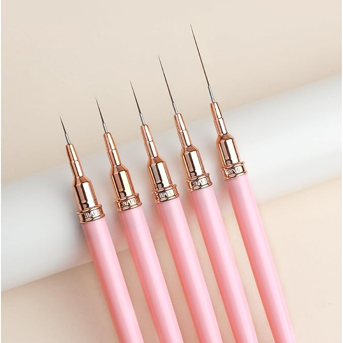 Metallic Liner Nail Art Brushes Set, Nail Art Pens, 5PCS Pink Color Nail Tools Liner Brush UV Gel Polish Painting Nail Design For Long Lines, Thin Details, Fine Drawing, Sizes 7/9/11/15/25mm