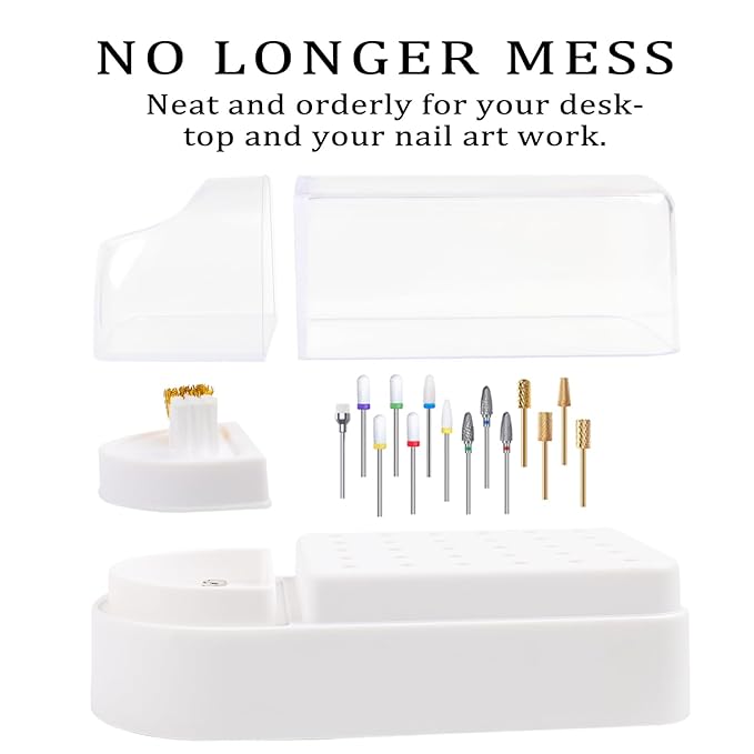 Nail Drill Bits Holder 2 in 1 Nail Drill Bits Cleaning Brush Case, 30 Holes Dustproof Acrylic Nail Drill Holder Storage Box, Nail Drill Bit Holder Stand Displayer Organizer for Home Salon Use (White)