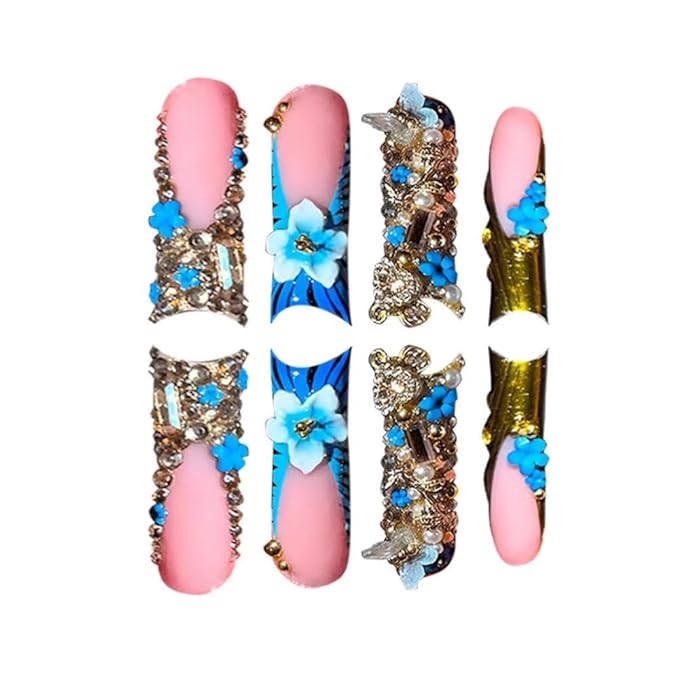 Long Square Press on Nails - Blue French Tips Fake Nails - 3D Flower Charm Design Gold Rhinestones False Nail Glossy Skin Tones Stick on Nails Cute Zebra Glue on Nail for Women Manicure 24Pcs