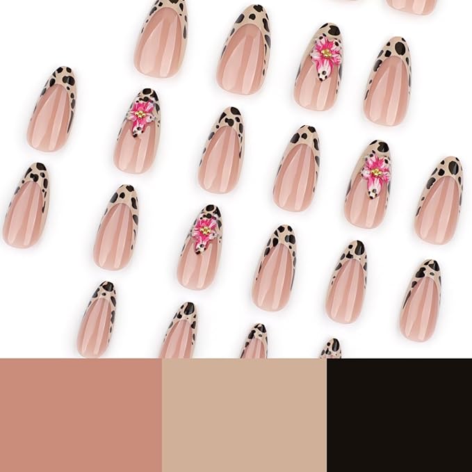 Leopard French Press on Nails Medium Almond Fake Nails Pink Flower Nail Press ons with Gold Pearls Design Reusable Acrylic Nails Glossy Full Cover Glue on Nail Stick on Nails for Women Manicure 24 Pcs