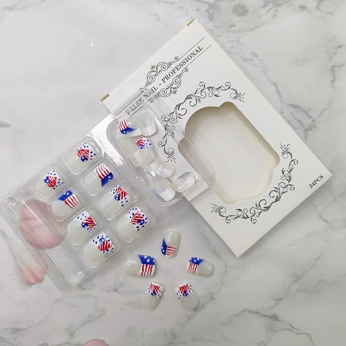24Pcs Independence Day Press on Nails, Short Square, French Tip, USA Heart Flags Design, White Glitter, Reusable Stick on Nails for Women