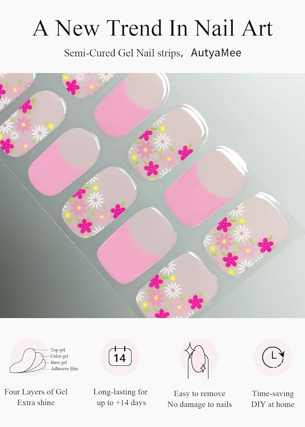 Semi Cured Gel Nail Strips (Pink Flower French), Summer, 20 Pcs Gel Nail Wraps, Stickers, UV Light Required, Salon Quality, Long Lasting