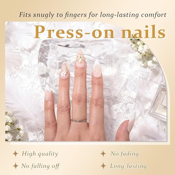 evpct 3D Flower French Press on Nails Medium Almond with Gold Line Design, White French Tip Stick on Nail for Women Gift with Kit, Reusable Full Cover Soft Gel Press on Fake Nail with 3D Floral Design