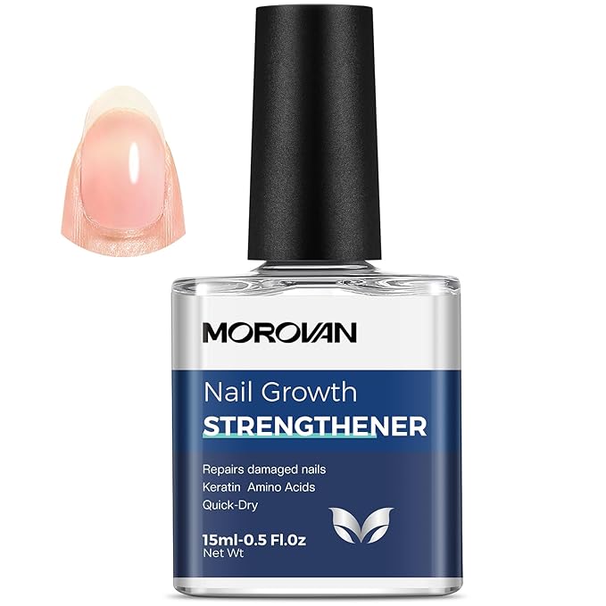 Morovan Nail Strengthener and Growth: Clear Nail Polish Hardener for Damaged Nails Treatment Natural Keratin Repair Ridge Filler Prevents Discoloration Crack Thin