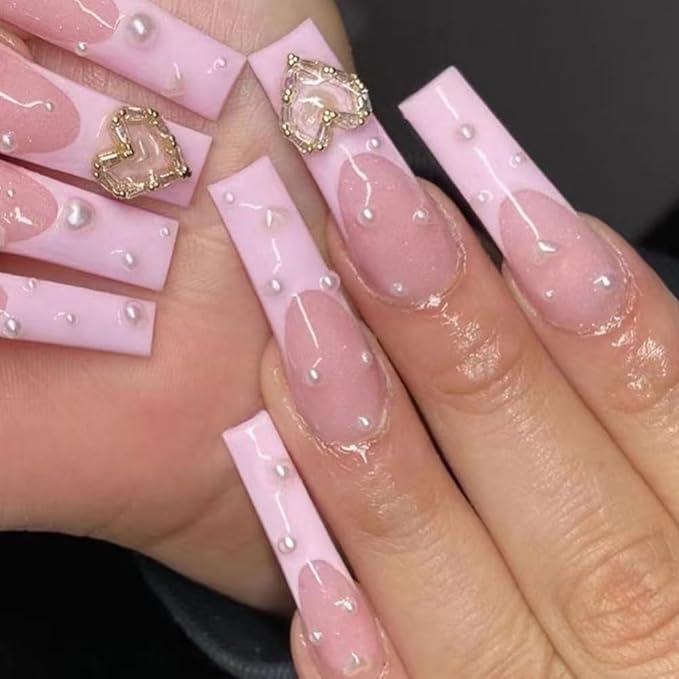 Pink French Tip Press on nails Long Coffin Fake Nails Acrylic Nails with Love Nail Charms Design Fashion Romantic Pearl Valentine's Day Nail Decoration for Nails for Women and Girls 24 Pcs