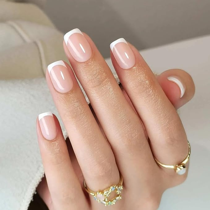 Press On Nails - Frenchie Kiss | Classic French Manicure, UV Finish Square Nails, Reusable, Salon Quality | 32 Nails, 16 Sizes Kit with Glue and Adhesive Tabs