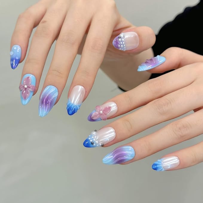 handmade nails press on Salon Quality blue white purple flower pearl Reusable almond hand-painted gentle elegant acrylic 3D fake nails designed kit,10 Nails, Size M #2979