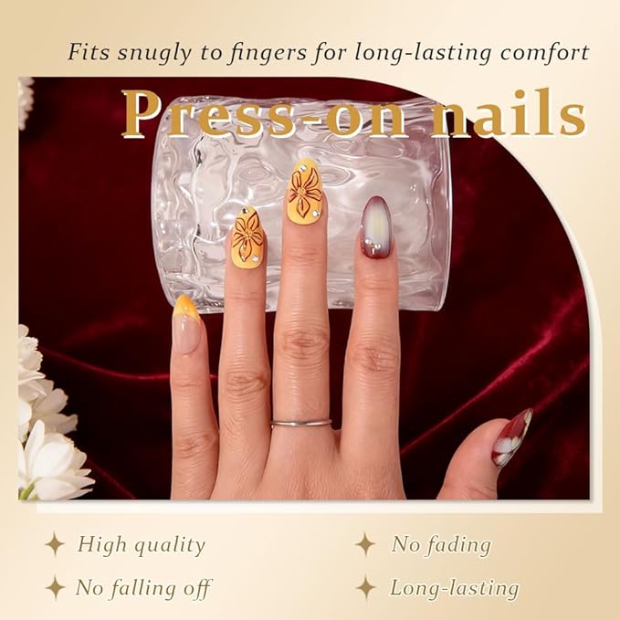 3D Flower Press on Nails Medium Almond with Design, Red Nail + Gold French Tip Glossy Stick on Nails for Women with Kit, Reusable Soft Gel Stick on Fake Nail with Flower Floral Designs Perfectly Fit