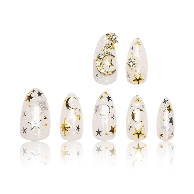 LOVFUL Press on Nails Celestial Radiance | Handmade with Full Covered Crystals | Reusable Full Cover Nails | Almond Regular 1.0 in | P006-L
