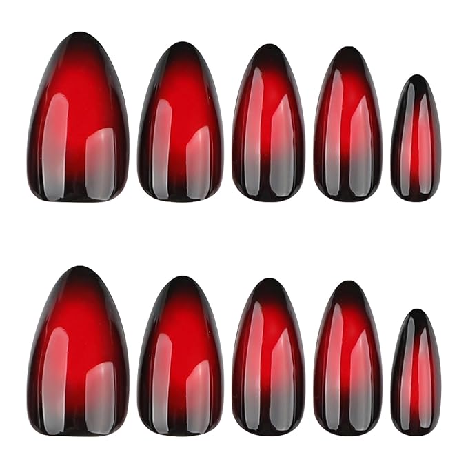 Wine Red Press on Nails Medium Almond MABKJLF Fake Nails Black & Red False Nails with Gradient Designs Solid Colour Glossy Glue on Nail Full Cover Acrylic Nails for Women Girls 24Pcs