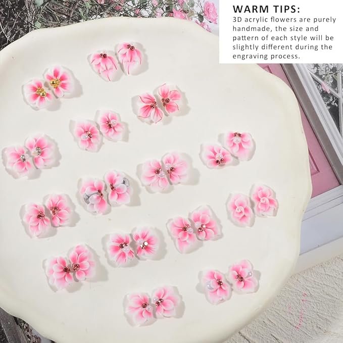 30PCS 3D Handmade Flower Nail Art Charms Advanced Handcrafted Cherry Blossom Flower Colorful Sculpted Floral Nails with Rhinestone Caviar Beads Design for Women Profession Nail Art Craft Jewelry