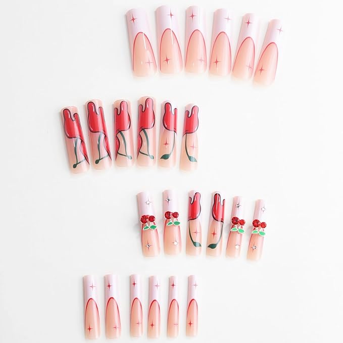 MISUD Press on Nails - Extra Long Square Glue on Nails with White French Tip, Acrylic Cherry Rhinestone Design 24 pcs