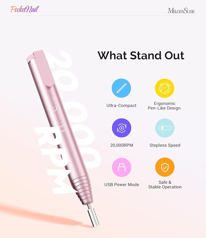 MelodySusie PocketNail Slim Ergonomic Pen-Shaped USB Nail Drill, PC100G 20000RPM Portable Electric File for All Manicure, Pedicure Nail Care, Shaping & Gel Removal at Home for Beginners