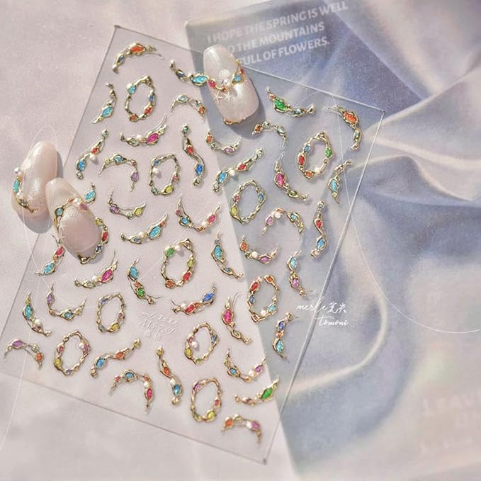 Pearl Gem Nail Stickers Diamond Nail Designs 3D Self-Adhesive Red Rhinestone Nail Decals 5D Embossed Gold Gemstone Jewelry Ribbon Summer Sticker Manicure Accessories for Women Girls DIY Nails 1 Sheet