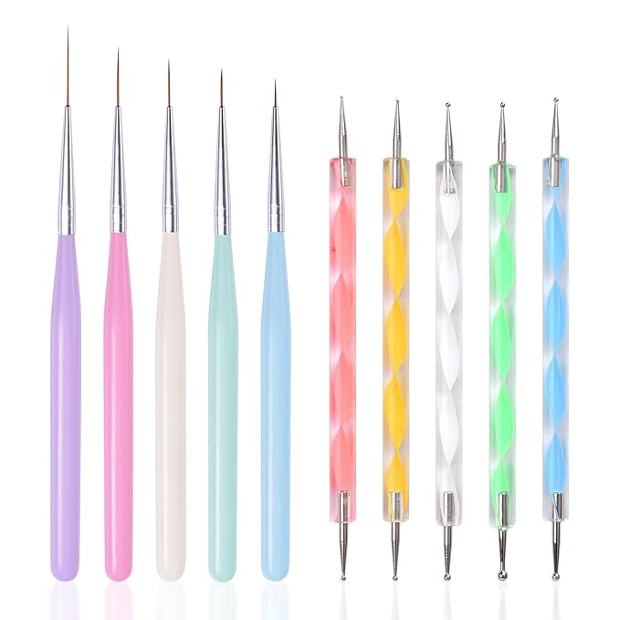 10Pcs Nail Art Brush Kit Double-end Dotting Pens Nail Fine Liner Brushes for UV Gel Polish Acrylic Nails 10 Sizes Dotting Drawing Pens Nail Art Design Tool