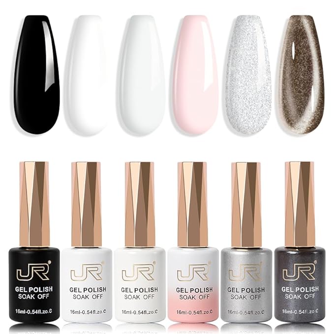 JR Gel Nail Polish Set, 16ml Full Size Bottle 6 Colors Milk White Pink Black 9D Cateye Glitter Nail Gel Polish Gift Soak Off Led Nail Art Kit Salon DIY Colorful Bottle J