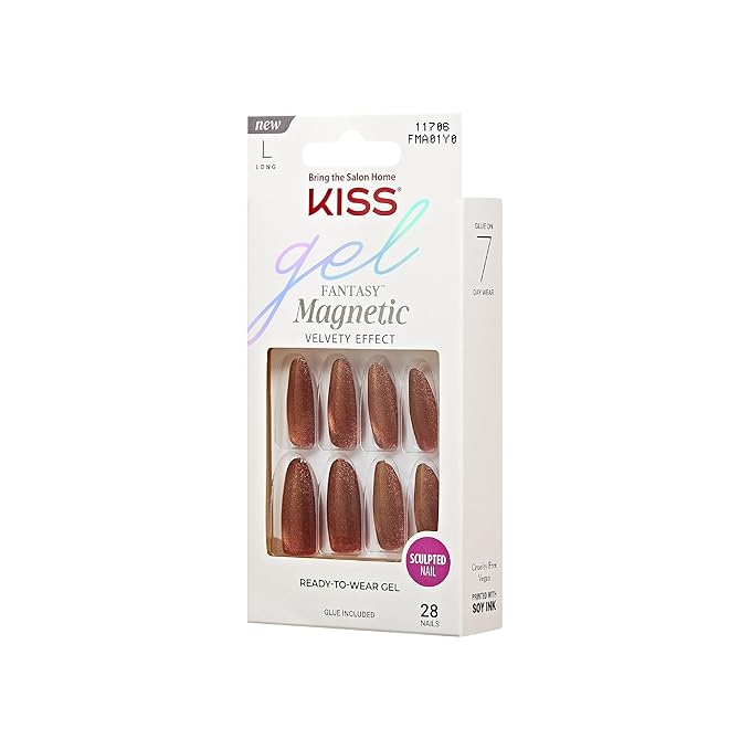 KISS Gel Fantasy 28 Pcs Press On Nails, Long Almond Fake Nails, Brown Magnetic Cat Eye Polish Stick On Extensions, Reusable Velvet Full Cover Kit with Glue, Manicure Stick & File, Wear for 7 Days