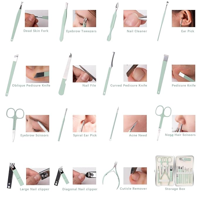 Manicure Set Pedicure Kit Nail Clipper Set Men Women 16 Pcs Personal Care Tools Kit with Portable Travel Case Professional Manicure Pedicure Tools Grooming Kit for Family Friends(Green)