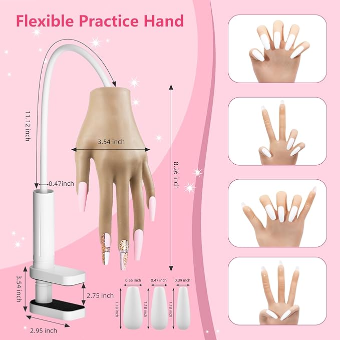 Practice Hand for Acrylic Nails - Acrylic Fake Mannequin Practice Hand - Flexible Hands Model With Powder and Liquid Full Nail Kit for Beginners