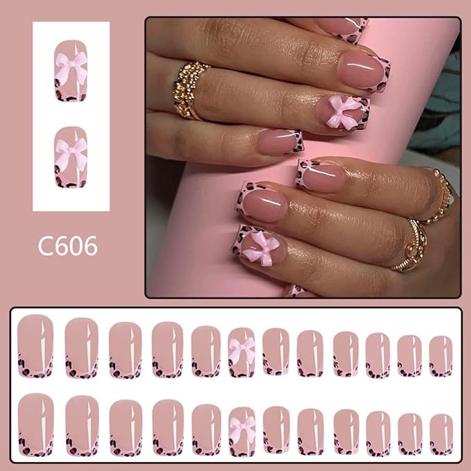 French tips Press on Nails Short Square Fake Nails with Leopard Design Pink 3D Bow Charms Glue on Nails Glossy False Nail tips Reusable Spring Nails for Women Girls Manicure 24pcs