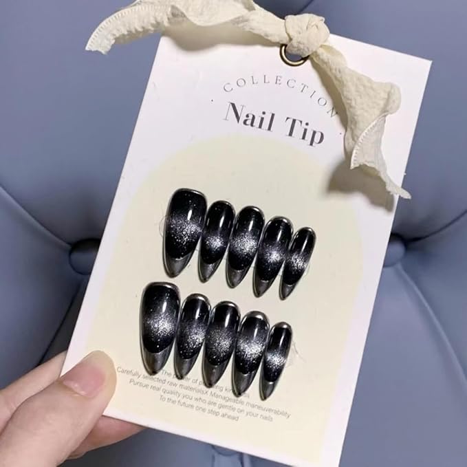 3D Almond Press on Nails, Long Almond Fake Nails French Gradient False Nails Middle Black Press on Nails for Women Girls Nail Art Decoration - Middle
