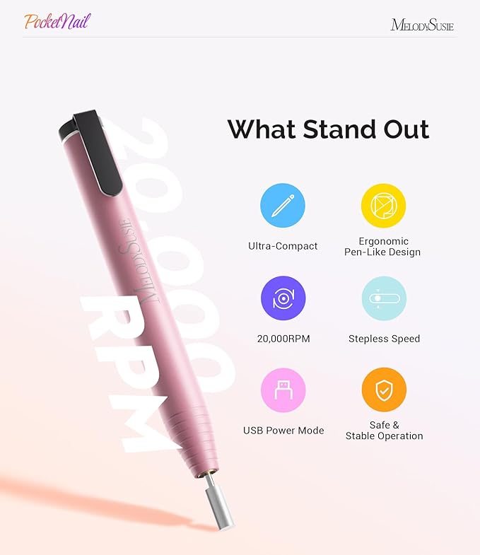 MelodySusie PocketNail Slim Ergonomic Pen-Shaped USB Nail Drill, PC100G 20000RPM Portable Electric File for All Manicure, Pedicure Nail Care, Shaping & Gel Removal at Home for Beginners