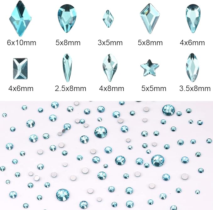 820pcs Flatback Crystals Aquamarine Glass Rhinestones for Nail Art Decoration DIY Crafts Non-hot Fix Mix Size Round Gem Beads Bulk Set Pack