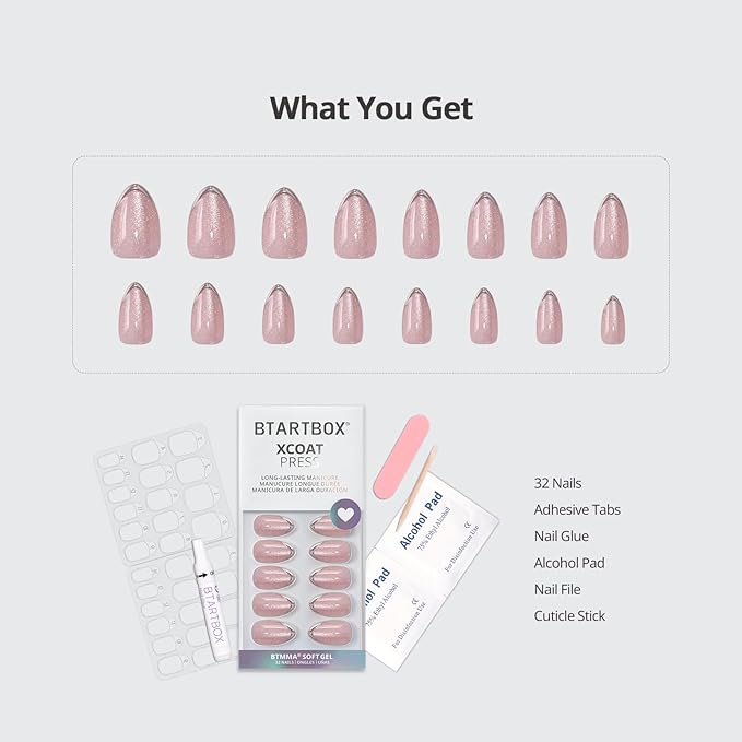 BTArtbox Press On Nails Almond - Blush Icicle, Lamp-Curable Cat Eye 3D Silver French Tip Short Press On Nails with Glue and Adhesive Tabs for Women in 16 Sizes - 32 Soft Gel Glue On Nails Kit