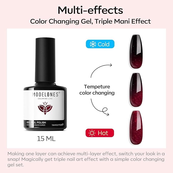modelones Red Gel Nail Polish Burgundy Wine Color Changing Mood Temperature Change Nail Polish Gel Soak Off Nail Art 15ML