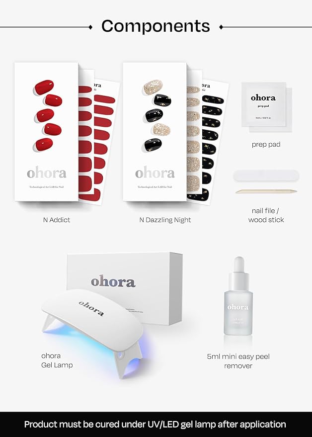 ohora Semi Cured Gel Nail Strip (2025 Christmas Gift Set (Limited Edition)) - Works with UV/LED Lamps, Salon-Quality, Long Lasting, Easy to Apply/Remove - Includes 2 Prep Pads, Nail File, Wooden Stick