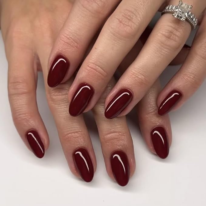 Modelones Dark Red Press on Nails Almond, Short Almond Fake Nails, Reusable Nail Kit with Nail Glue Adhesive Tabs Mini Nail File, Nails Press Ons 32Pcs16 Sizes, Women Girl Gift