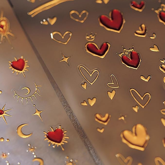Valentine's Day 5D Heart Nail Art Stickers - Gold, Pink & Bronzing Star Moon Designs for Women & Girls - Self-Adhesive DIY Nail Decals