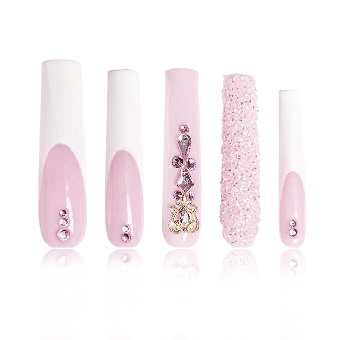 LOVFUL Press on Nails Sweet Elegance | Handmade with Full Covered Crystals | Reusable Fake Nails | Square | H34-L, pink