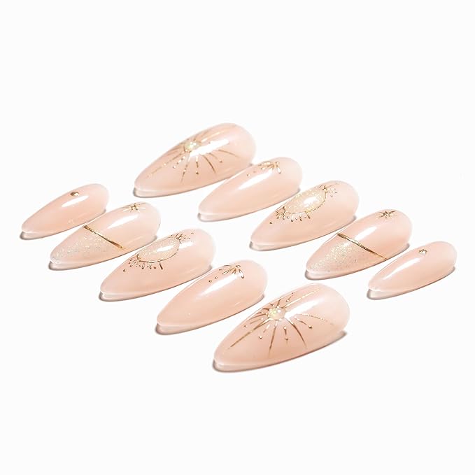 Sun&Beam Nails Handmade Press-On Medium Long Almond with Nude Color Diamond Design Charm Cute False Nail Tips 10 Pcs (#99 L)