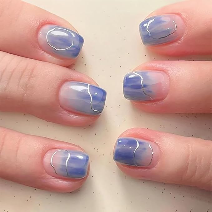 Short Square Press On Nails blue Nude Gradient False Nails with Silver Streaks Acrylic Press in Nail Gel Stick On Nails Set Glue on Nails for Women & Girls 24Pcs