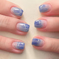Short Square Press On Nails blue Nude Gradient False Nails with Silver Streaks Acrylic Press in Nail Gel Stick On Nails Set Glue on Nails for Women & Girls 24Pcs