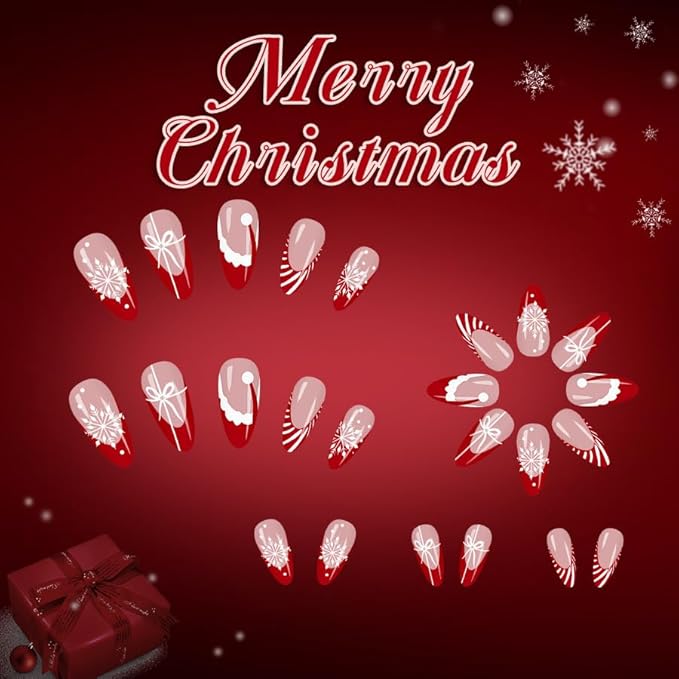 Christmas Press on Nails Red French Tip Fake Nails Medium Almond False Nails with Snowflake Christmas Hat Candy stripes Designs Glue on Nails Reusable Acrylic Nail for Women Girls 24Pcs
