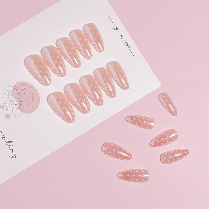 Press on Nails Medium Almond MABKJLF Fake Nails Chrome False Nails with White Polka Dots Designs Full Cover Glossy Glue on Nail Acrylic Nails for Women Girls 24Pcs