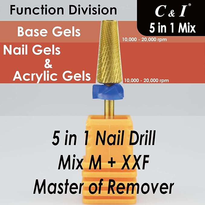 C & I 5 in 1 Nail Drill Bit, Mixed Sizes Edition, Cross Teeth, 2 Way, Professional Multi-function Nail Drills for Electric Manicure Drill Machine, Shank 3/32” (Mix, M & XXF)