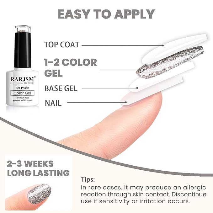 RARJSM Silver Glitter Gel Nail Polish,Reflective Glitter Gel Polish Silver Beige Holographic Iridescent Shimmer L E D U V Soak Off Sparkle Diamond Gelpolish Nail Art Manicure Salon DIY at Home