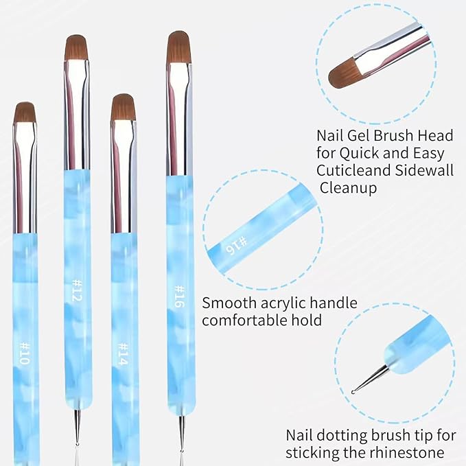 4Pcs French Tip Brush, Double-Ended French Brushes for Nails with Dotting Tool, Clean Up Brush for Gel Nail Polish, Size 10/12/14/16, Acrylic Nail Art Brushes, Manicure Tools for Nail Design-Blue