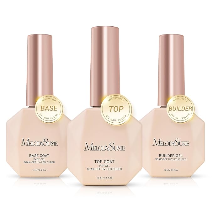 MelodySusie Top Coat Builder Gel Base Coat No Wipe Glossy Set Long Lasting Shine Finish Soak Off UV LED Nail Lamp Nail Polish Art Design Manicure Kit Perfect Gifts for Women Girls 3 Pcs 15ml Clear